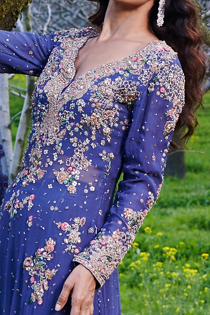 Purplish-Blue Chiffon Bridal Sharara Set by Dolly J at Pernia's Pop Up Shop