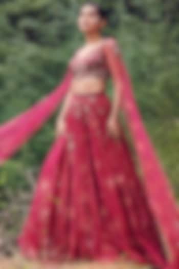 Cranberry Red Shimmer Tulle Lehenga Set by Dolly J