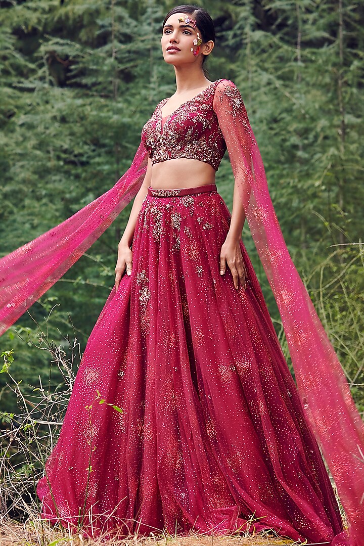 Cranberry Red Shimmer Tulle Lehenga Set by Dolly J