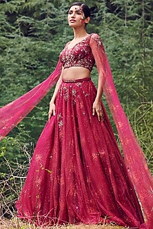 Cranberry Red Shimmer Tulle Lehenga Set by Dolly J-DOLLY J