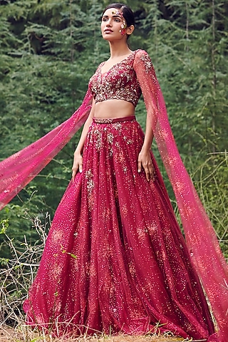 Cranberry Red Shimmer Tulle Lehenga Set by Dolly J