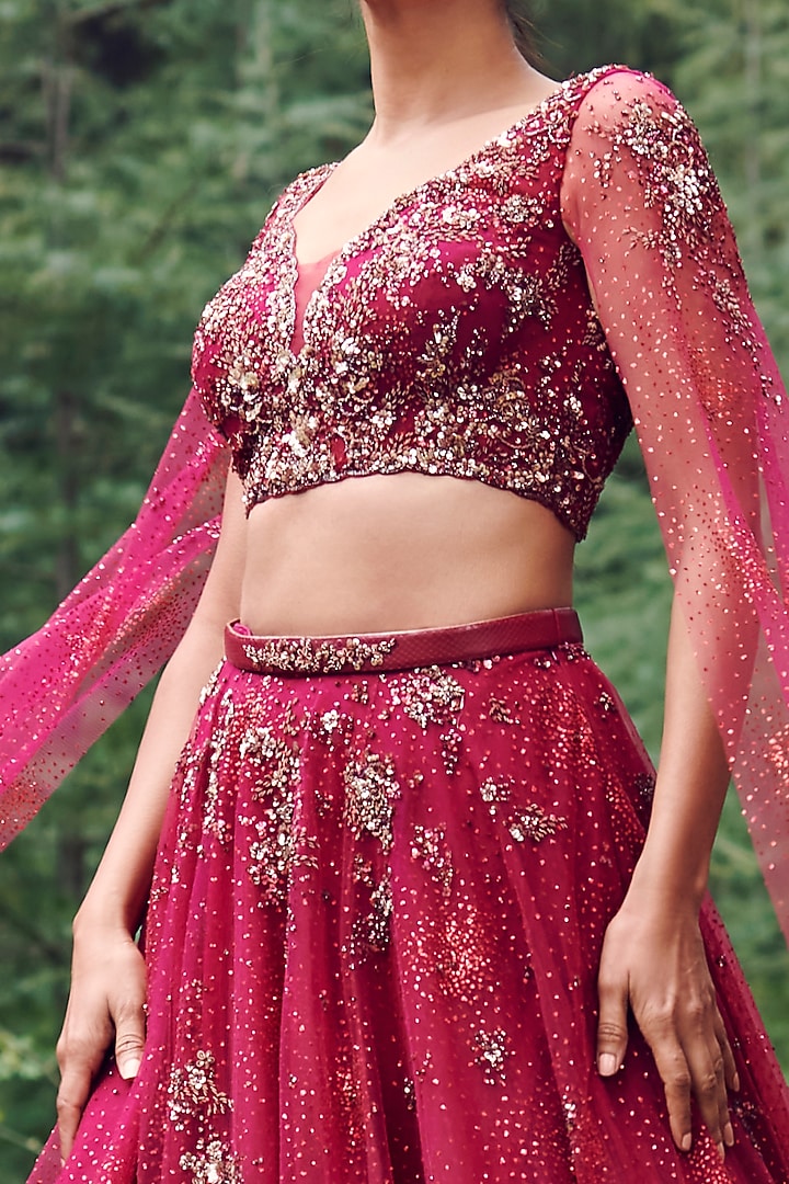 Cranberry Red Shimmer Tulle Wedding Lehenga Set by Dolly J at Pernia's Pop Up Shop
