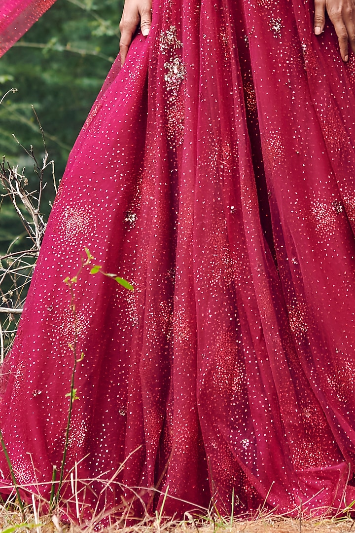 Cranberry Red Shimmer Tulle Wedding Lehenga Set by Dolly J at Pernia's Pop Up Shop
