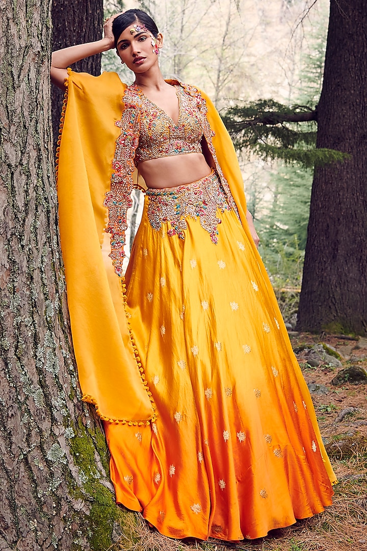 Sunset Yellow Ombre Handwoven Lehenga Set With Cape by Dolly J