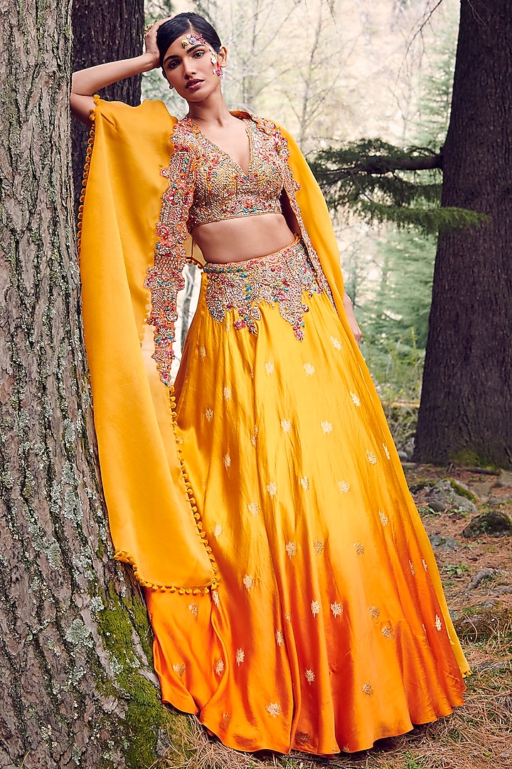 Sunset Yellow Ombre Hand Woven Satin Jacket Wedding Lehenga Set by Dolly J at Pernia's Pop Up Shop