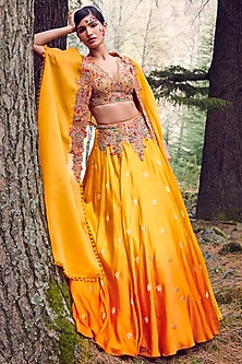 Sunset Yellow Ombre Hand Woven Satin Jacket Lehenga Set by Dolly J-DOLLY J