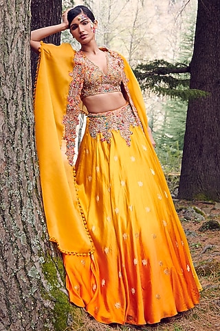 Sunset Yellow Ombre Hand Woven Satin Jacket Lehenga Set by Dolly J