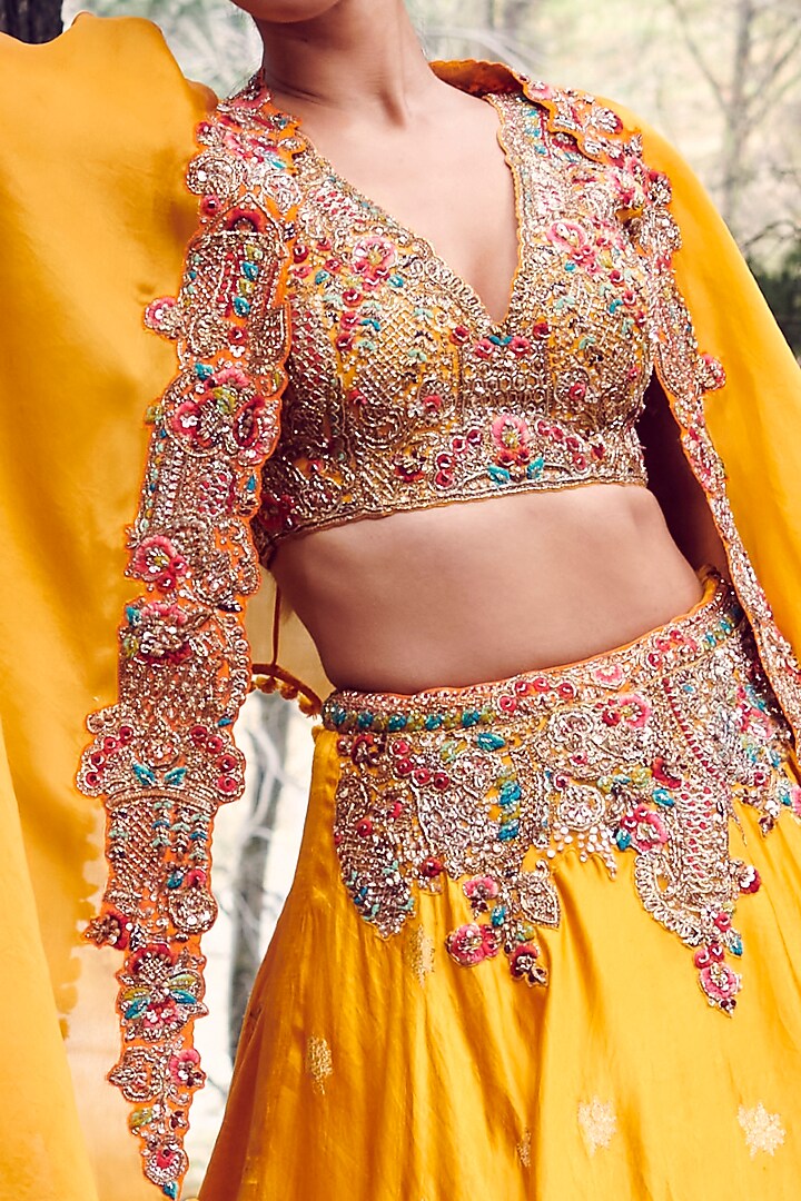 Sunset Yellow Ombre Hand Woven Satin Jacket Bridal Lehenga Set by Dolly J at Pernia's Pop Up Shop