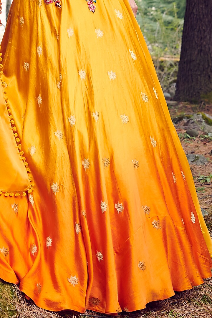 Sunset Yellow Ombre Hand Woven Satin Jacket Bridal Lehenga Set by Dolly J at Pernia's Pop Up Shop
