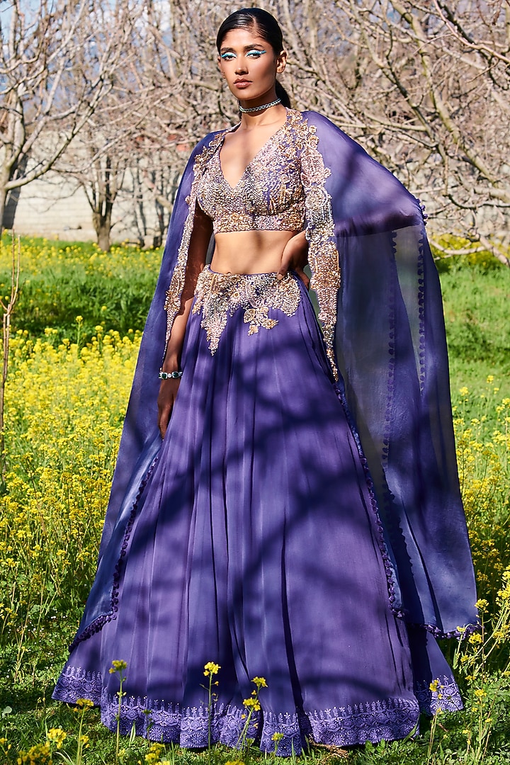 Dark Mauve Chiffon Wedding Lehenga Set With Cape by Dolly J at Pernia's Pop Up Shop