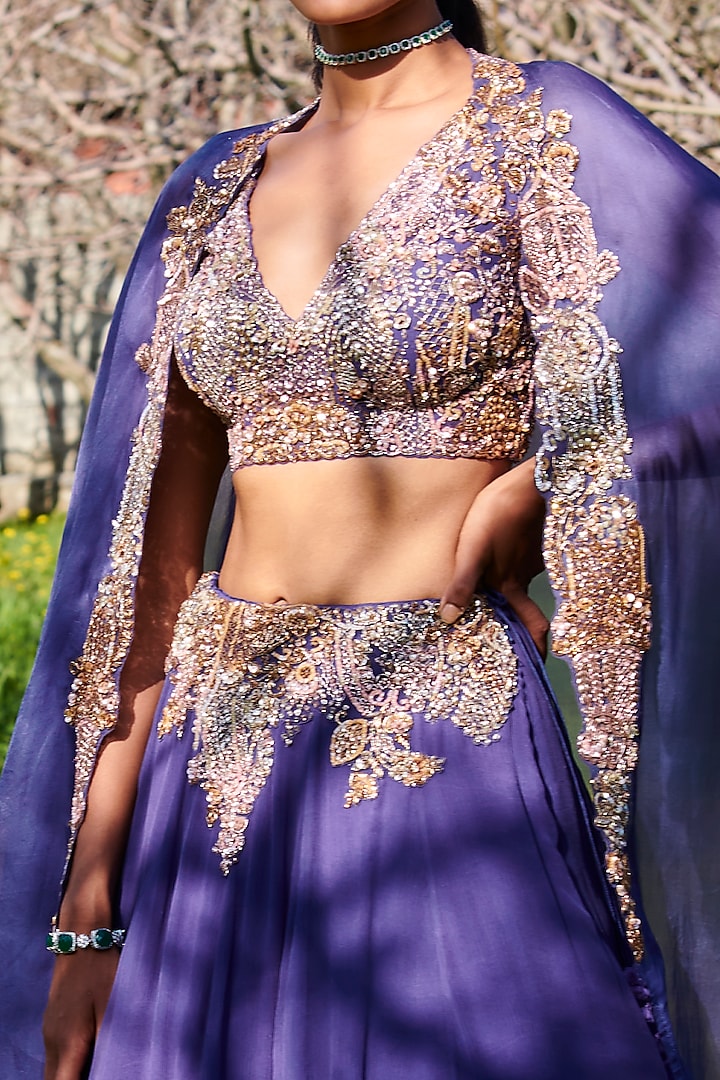 Dark Mauve Chiffon Wedding Lehenga Set With Cape by Dolly J at Pernia's Pop Up Shop