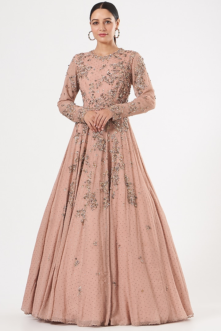 Dusty Peach Embroidered Kalidar Anarkali Set by Dolly J