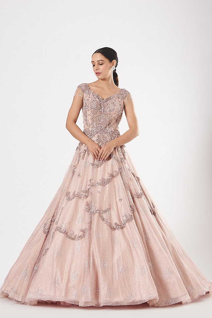 Peach Shimmer Tulle Gown by Dolly J