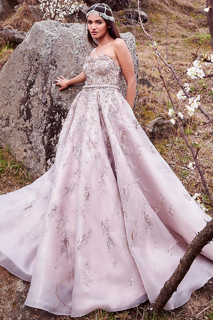 Pale Pink Embroidered Bridal Gown With Belt by Dolly J