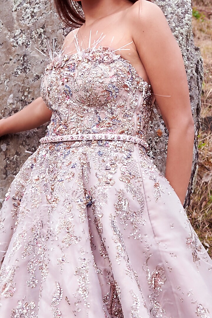 Pale Pink Embroidered Bridal Bridal Gown With Belt by Dolly J at Pernia's Pop Up Shop