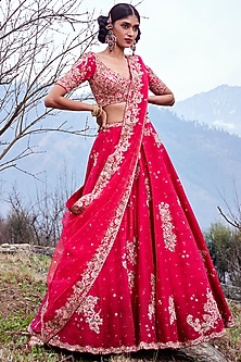 Fiery Red Ombre Raw Silk Lehenga Set by Dolly J-DOLLY J