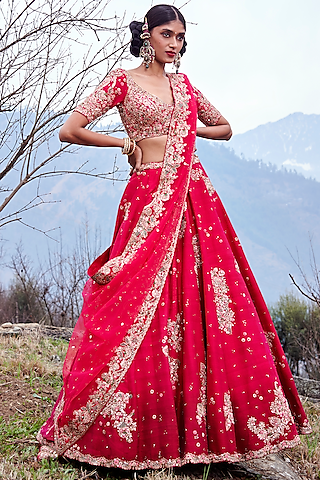 Fiery Red Ombre Raw Silk Lehenga Set by Dolly J