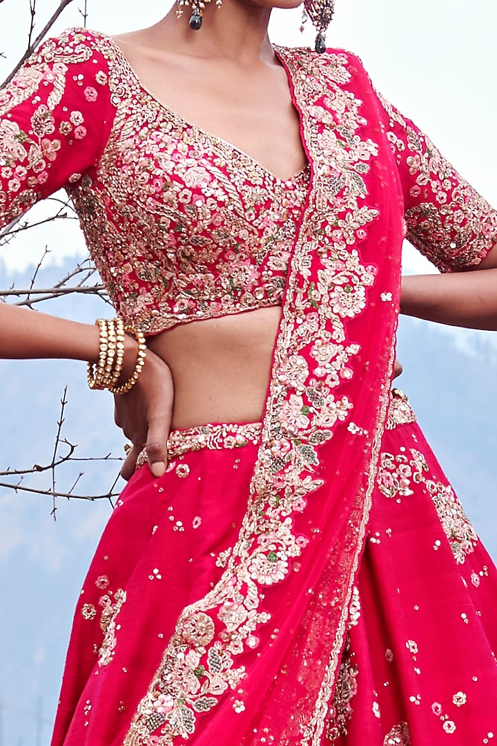 Fiery Red Ombre Raw Silk Bridal Lehenga Set by Dolly J at Pernia's Pop Up Shop