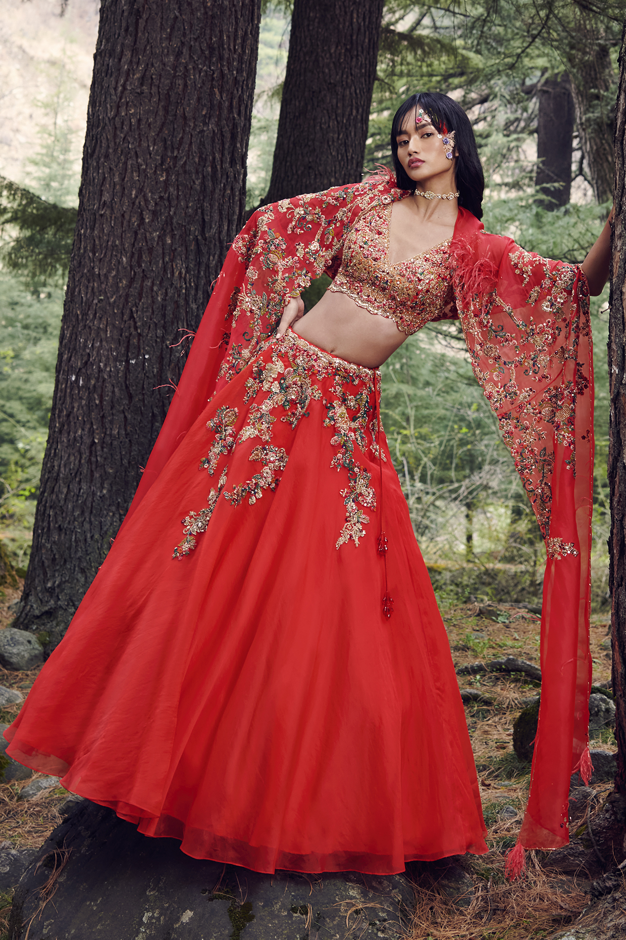 Orangish-Red Embroidered Bridal Lehenga Set With Cape by Dolly J at Pernia's Pop Up Shop