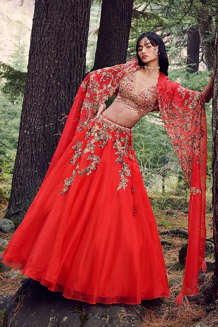 Orangish-Red Embroidered Lehenga Set With Cape by Dolly J