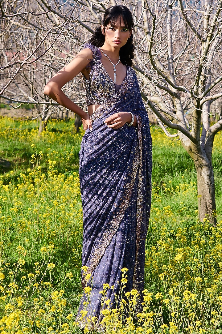 Navy Blue Embroidered Bridal Saree Set by Dolly J at Pernia's Pop Up Shop