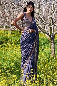 Navy Blue Embroidered Saree Set by Dolly J-DOLLY J