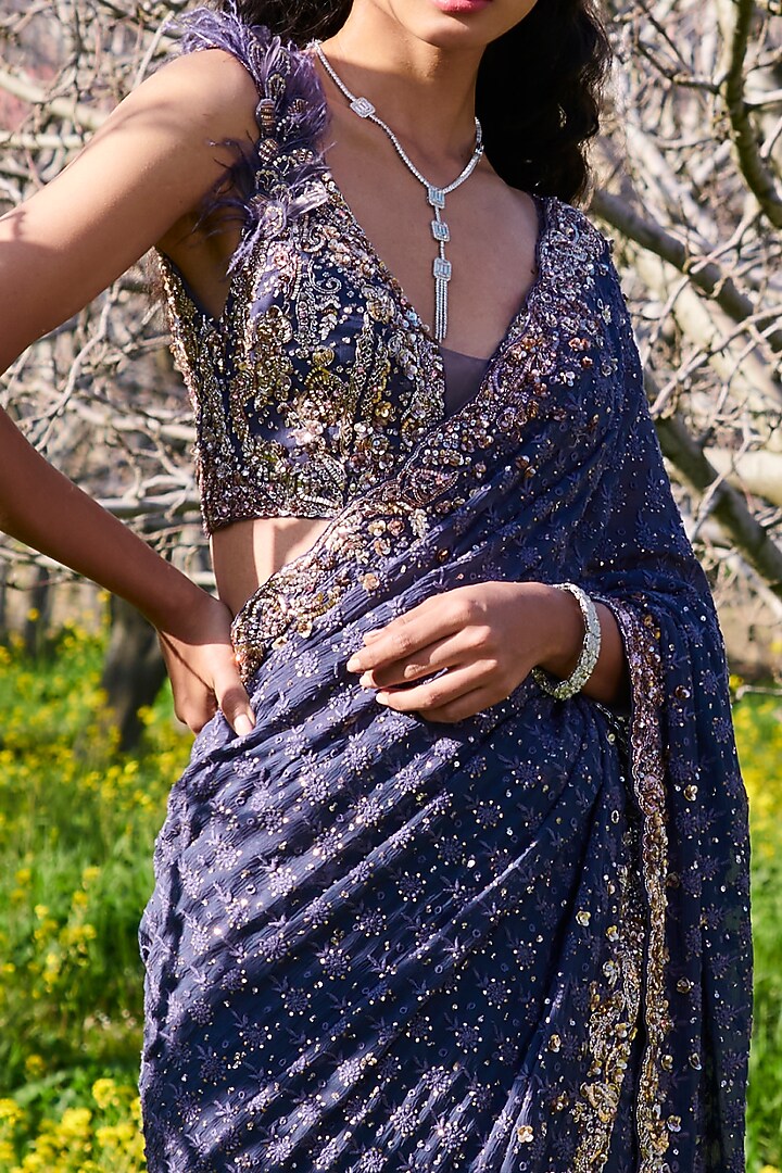 Navy Blue Embroidered Bridal Saree Set by Dolly J at Pernia's Pop Up Shop
