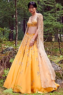 Mango Yellow Organza Embroidered Jacket Lehenga Set by Dolly J-DOLLY J