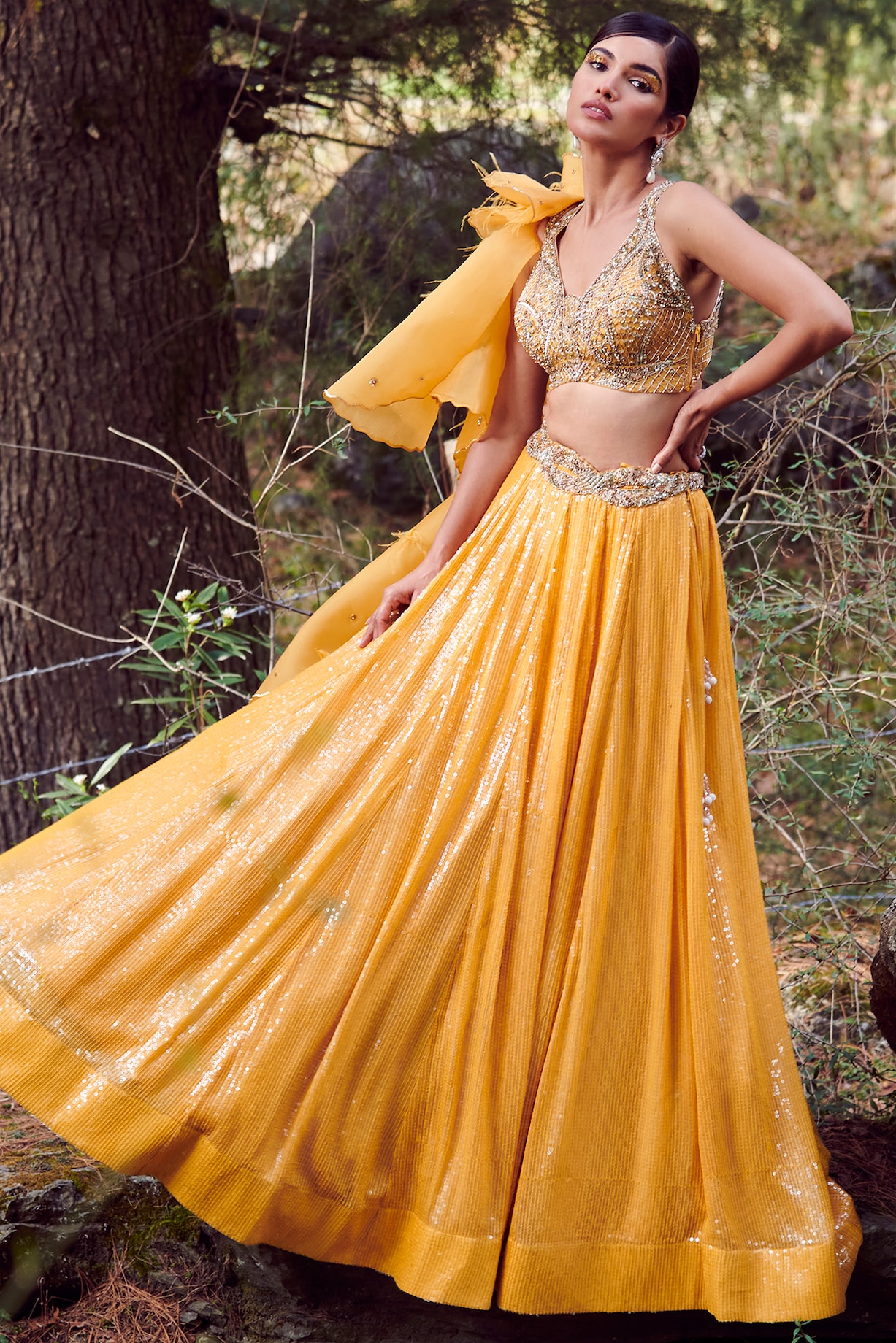 Mango Yellow Embroidered Wedding Lehenga Set by Dolly J at