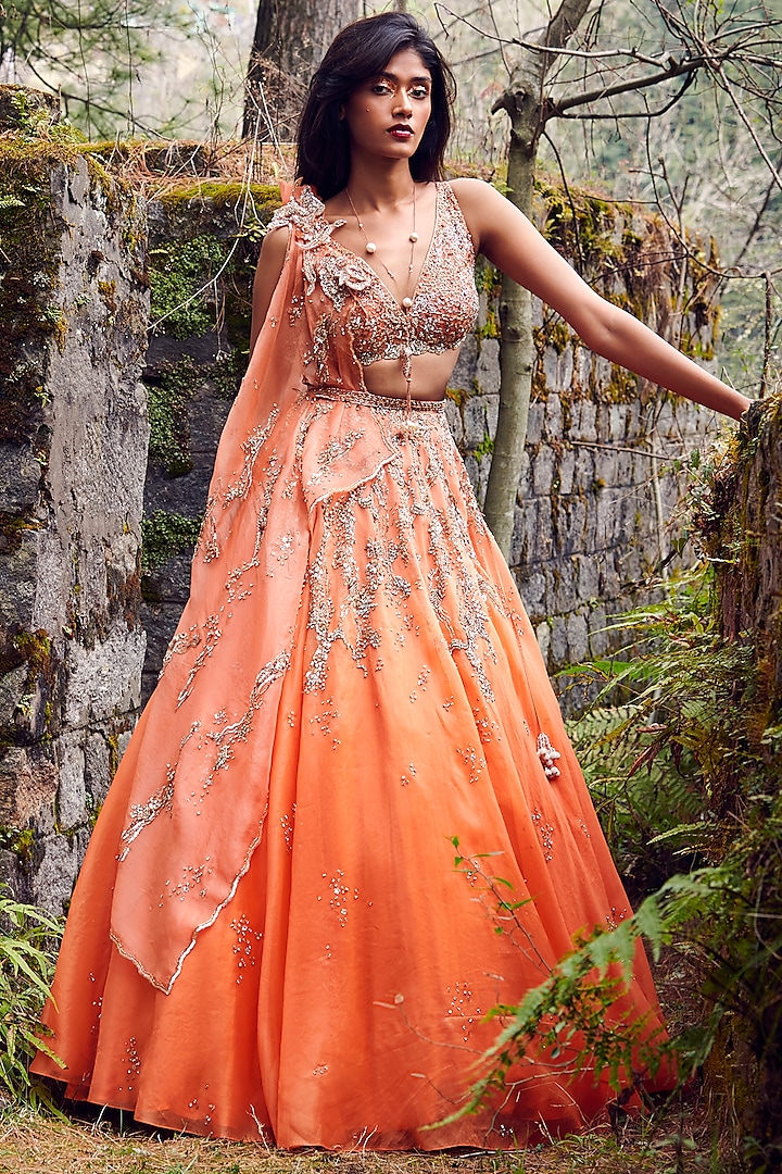 Orange Ombre Organza Bridal Lehenga Set by Dolly J at Pernia's Pop Up Shop