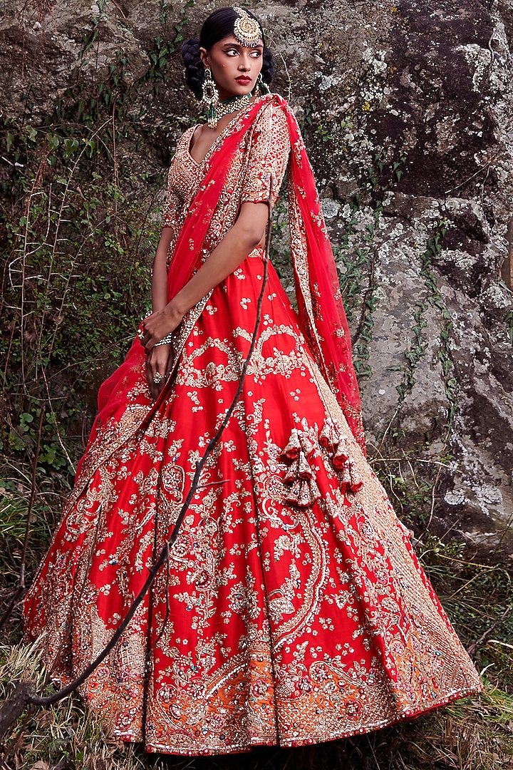 Cherry Red Embroidered Bridal Lehenga Set by Dolly J