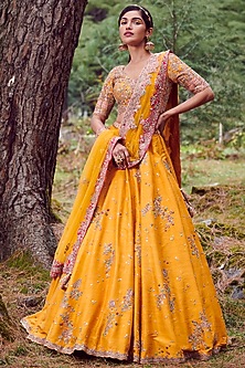 Mustard Raw Silk Lehenga Set by Dolly J-DOLLY J