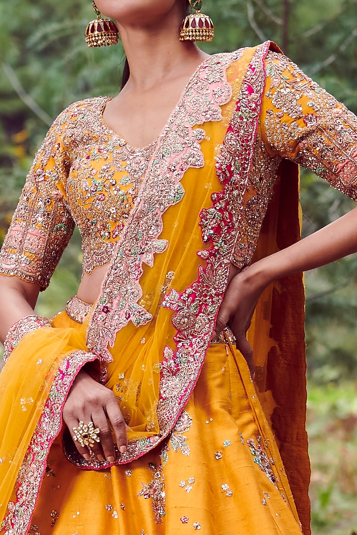 Mustard Raw Silk Bridal Lehenga Set by Dolly J at Pernia's Pop Up Shop
