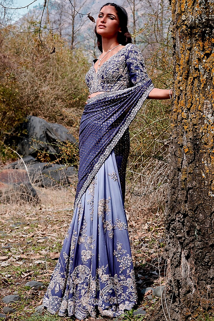 Cobalt Blue Ombre Embroidered Kalidar Bridal Saree Set by Dolly J at Pernia's Pop Up Shop