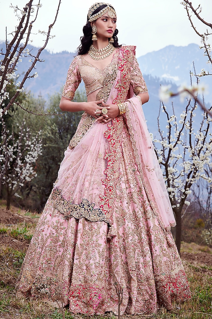 Blush Pink Embroidered Bridal Lehenga Set by Dolly J