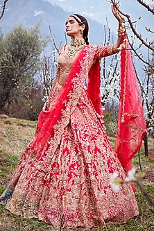 Cadmium Red Embroidered Bridal Lehenga Set by Dolly J-DOLLY J