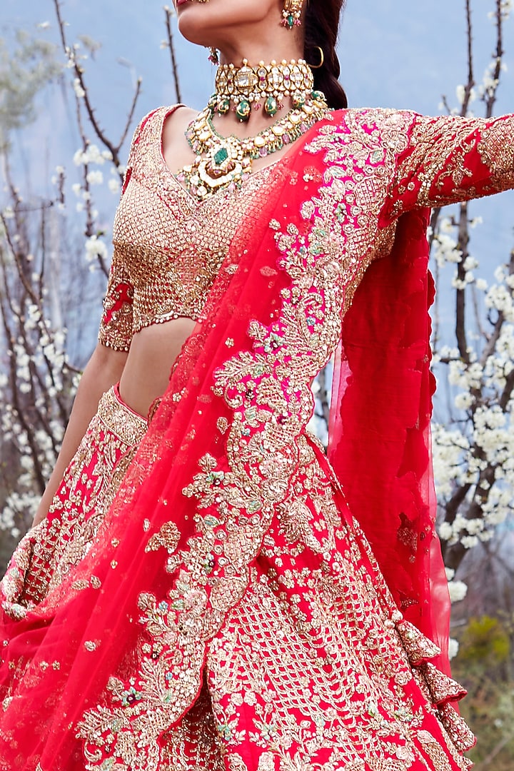 Cadmium Red Embroidered Bridal Bridal Lehenga Set by Dolly J at Pernia's Pop Up Shop