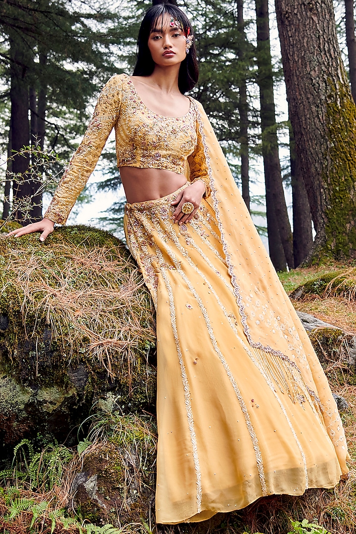 Butter Yellow Embroidered Lehenga Set by Dolly J