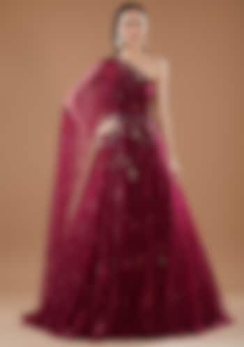 Maroon Shimmer Tulle Embroidered Wedding Gown by Dolly J at Pernia's Pop Up Shop