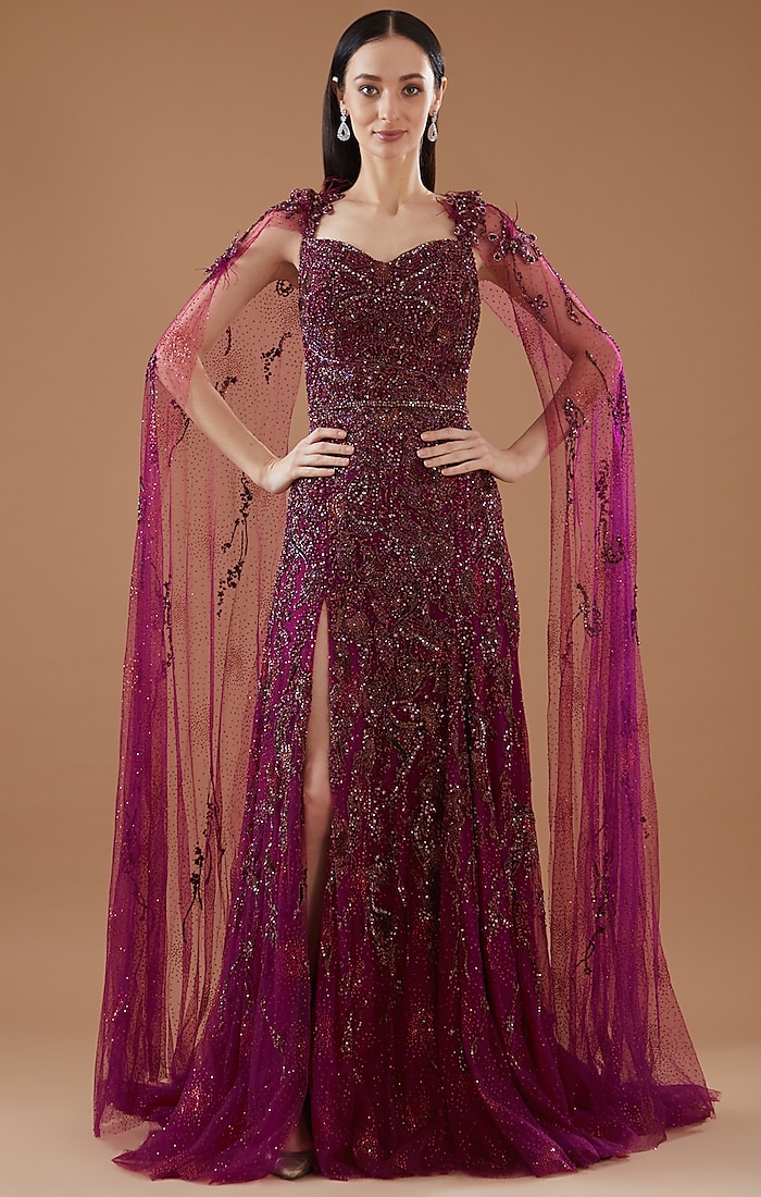 Maroon Shimmer Tulle Gown by Dolly J