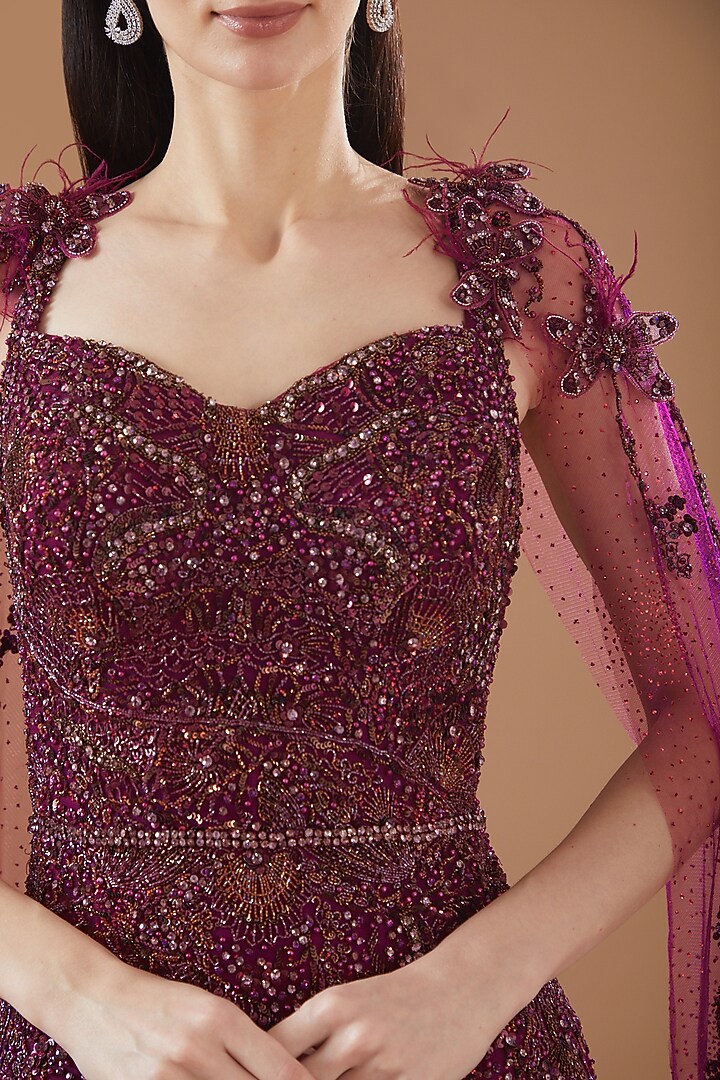 Maroon Shimmer Tulle Bridal Gown by Dolly J at Pernia's Pop Up Shop