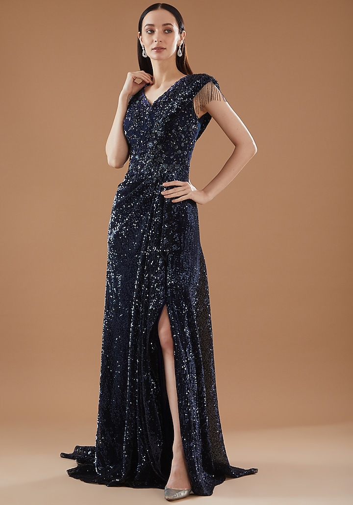 Midnight Blue Sequins Lycra Draped Gown Saree by Dolly J