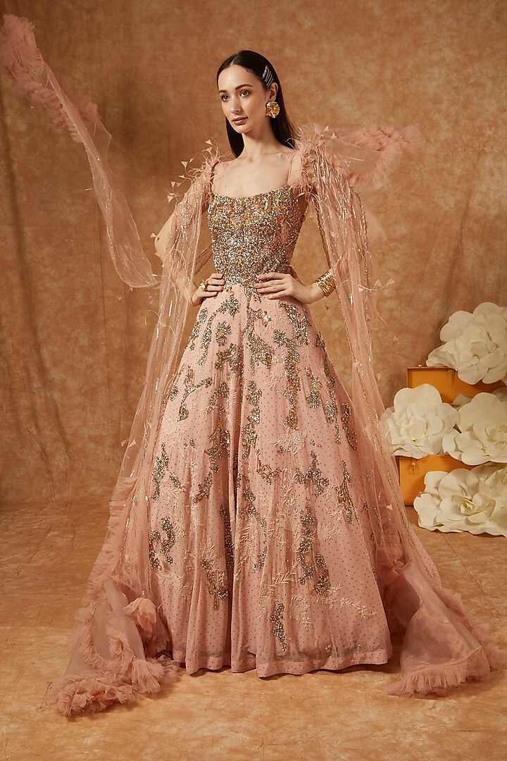Pink Shimmer Tulle Gown With Cape by Dolly J