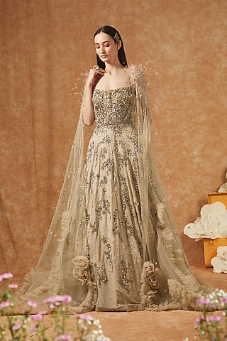 Beige Shimmer Tulle Gown With Cape by Dolly J