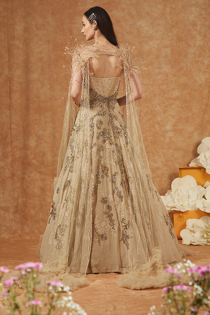 Beige Shimmer Tulle Bridal Gown With Cape by Dolly J at Pernia's Pop Up Shop