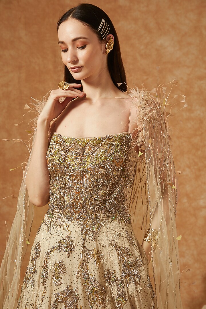 Beige Shimmer Tulle Bridal Gown With Cape by Dolly J at Pernia's Pop Up Shop