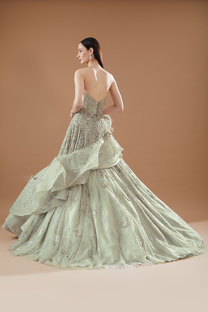 Green Shimmer Tulle Ombre Bridal Gown by Dolly J at Pernia's Pop Up Shop