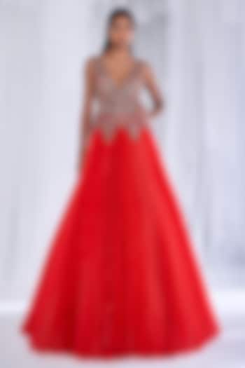 Red Organza Pleated Gown by Dolly J