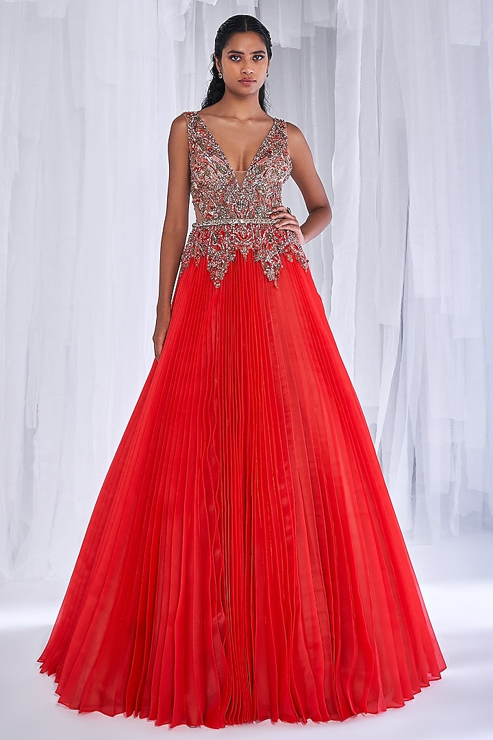 Red Organza Pleated Gown by Dolly J