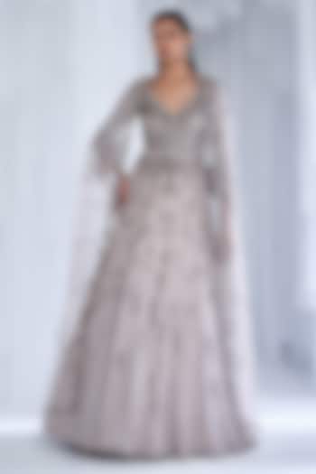 Silver Organza Embellished Anarkali With Cape by Dolly J
